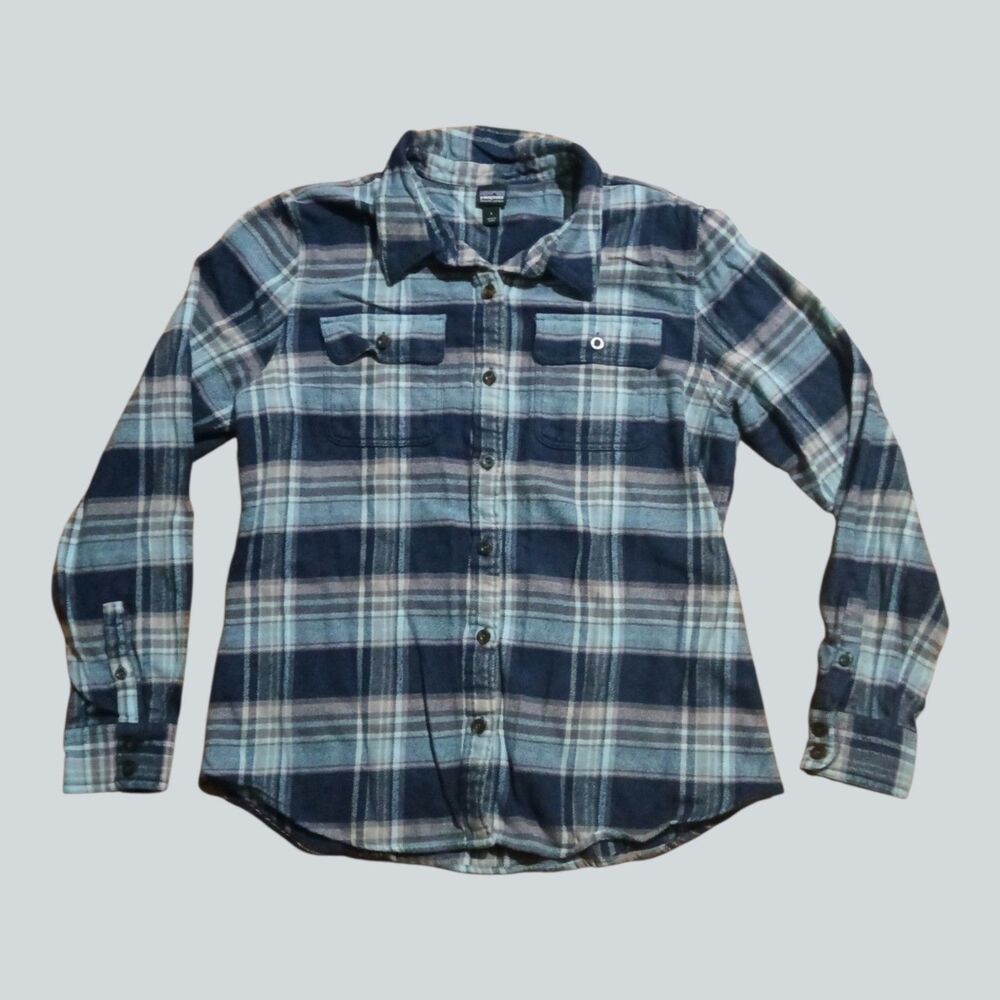 Patagonia Organic Cotton Flannel Shirt Women’s L Blue Plaid Button Front